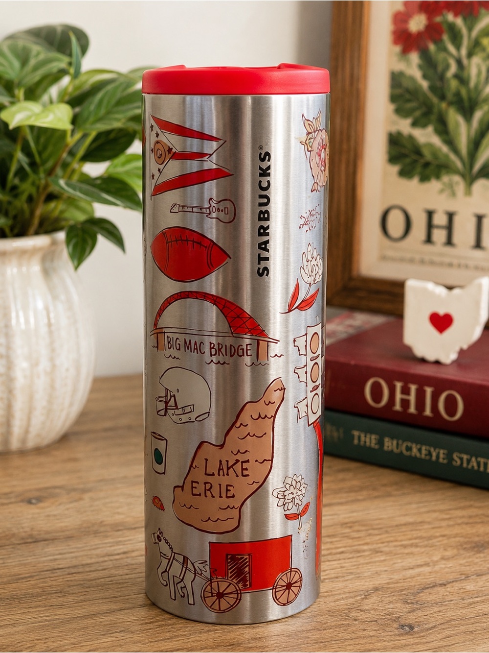 Starbucks Ohio Stainless Steel Travel Tumbler Mug 12 oz Red Lid